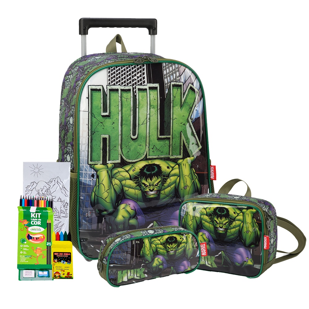 Kit Mochila Rodinha Estojo Lancheira Hulk Vingadores Super Heroi Infantil Meninos Lancamento Oficial