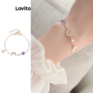 Lovito Pulseira de Zircão de Estrela de Trevo de Quatro Folhas de Esqueleto de Pedra de Olho de Gato de Metal com Recorte de Lua Casual para Mulheres LFA09235