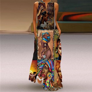 Vestido De Verão Feminino Elegante Africano Novo Moda Sem Manga Com Pescoço Em V Cara Impressão Linha A Casual Solto E Lindo Longo