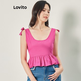 Lovito Casual Blusa Feminina Lisa com Laço e Bainha de Babados L68ED258 (Rosa Choque)