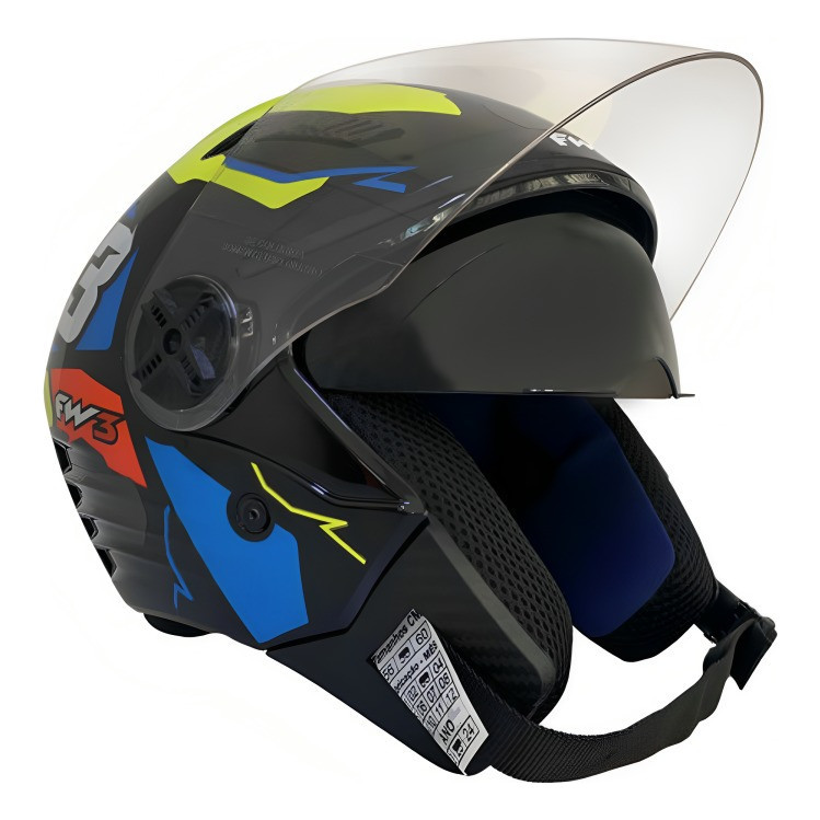 Capacete Moto X Open Up 43 Fox Amarelo/Azul Tamanho 56 Viseira Espessura 2mm FW3 Óculos Interno Fumê