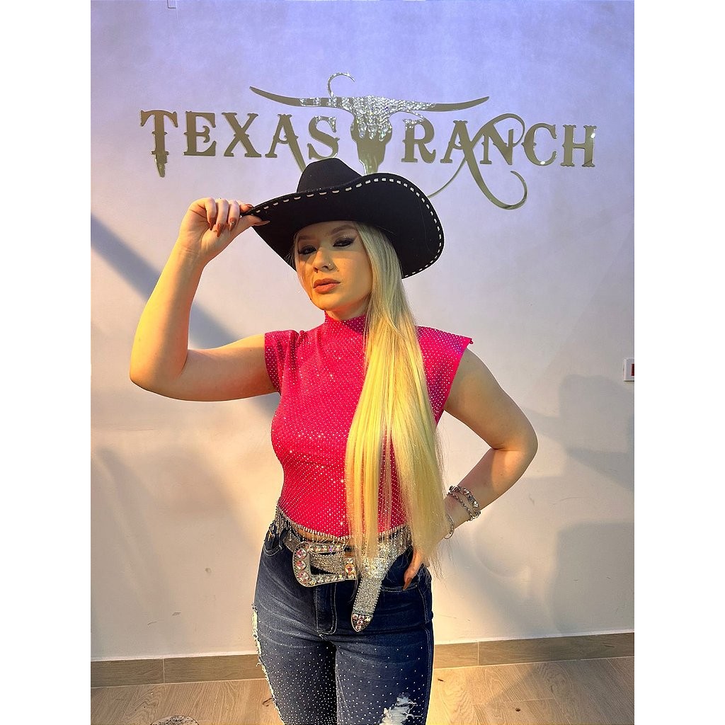 Cropped Pink Feminino Strass Prata Regata Com Franjas Strass Moda Country Texas Ranch Jeans Oficial