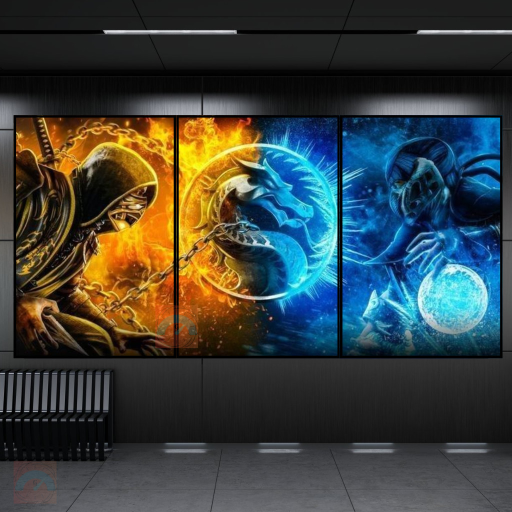 Kit 3 Quadros Decorativos Gamer Zone Para Sala Quarto Grande Espaço de Jogos Mortal Kombat Scorpion Vs Subi Zero
