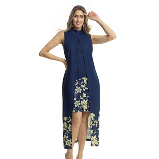 Vestido Midi Azul Com Sobreposição Moda Evangélica Adulto