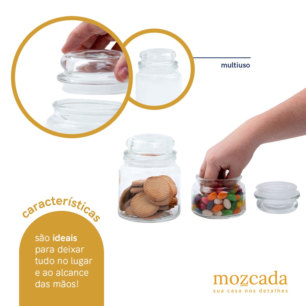 Detalhes do Kit 2 potes de vidro com tampa herméticos redondos 350ml e 500ml - Mozcada