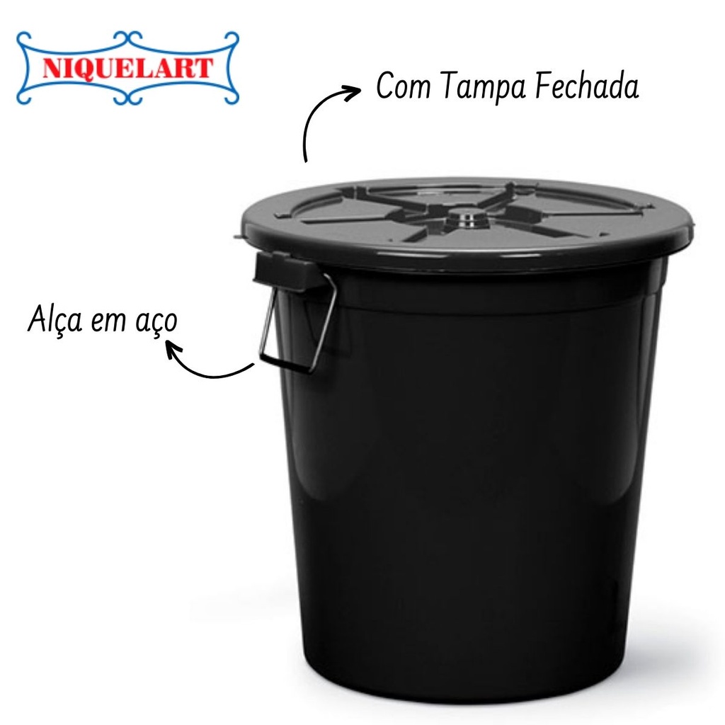 Cesto Fechado Lixeira Com Tampa e alça em aço 50 Litros Grande Niquelart Reforçada Para Area De Lazer Area De Churrasco Area Gourmet Chácara Cozinha Hospital
