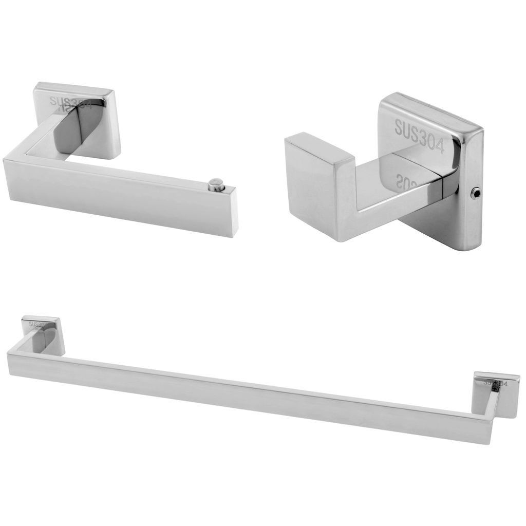 Kit Acessórios 3 Peças Banheiro Quadrado Lavatório Inox 304