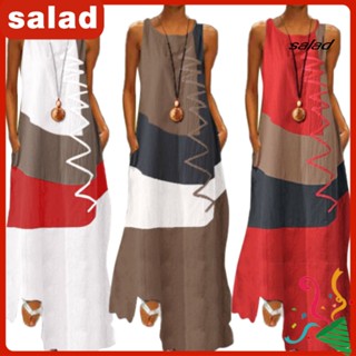 SR Women Vintage O Neck Sleeveless Color Block Linha Ondulada De Bolso Longo Vestido Solto