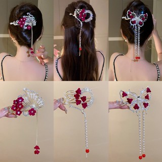 Grampo De Cabelo Retro Metal Rhinestone Tassel Hair Clip Cristal Pérola Vermelha Flor Porta Rabo De Pônei Mulher Acessórios