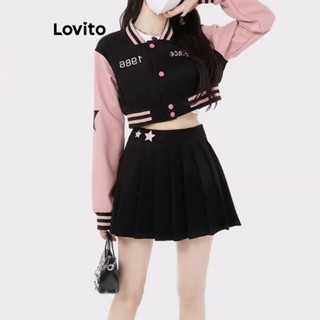 Lovito Esportivo Conjunto Feminino de Saia de Patchwork com Botão Frontal e Bordado LNA29085 (Preto)