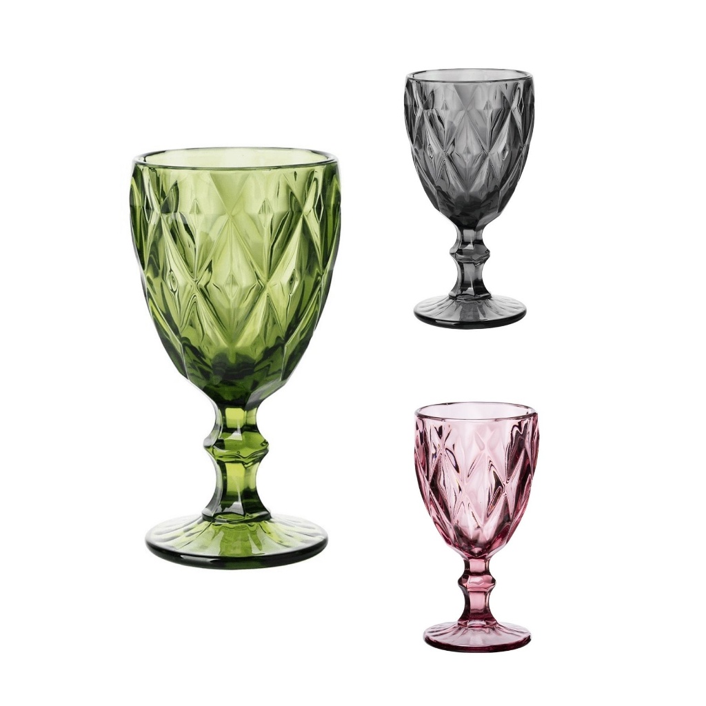 Conjunto de 6 Taças Diamond 300ml Cores Lilas Verde Preto Fosco Vinho Água Bebida Drink Suco Casa Restaurante