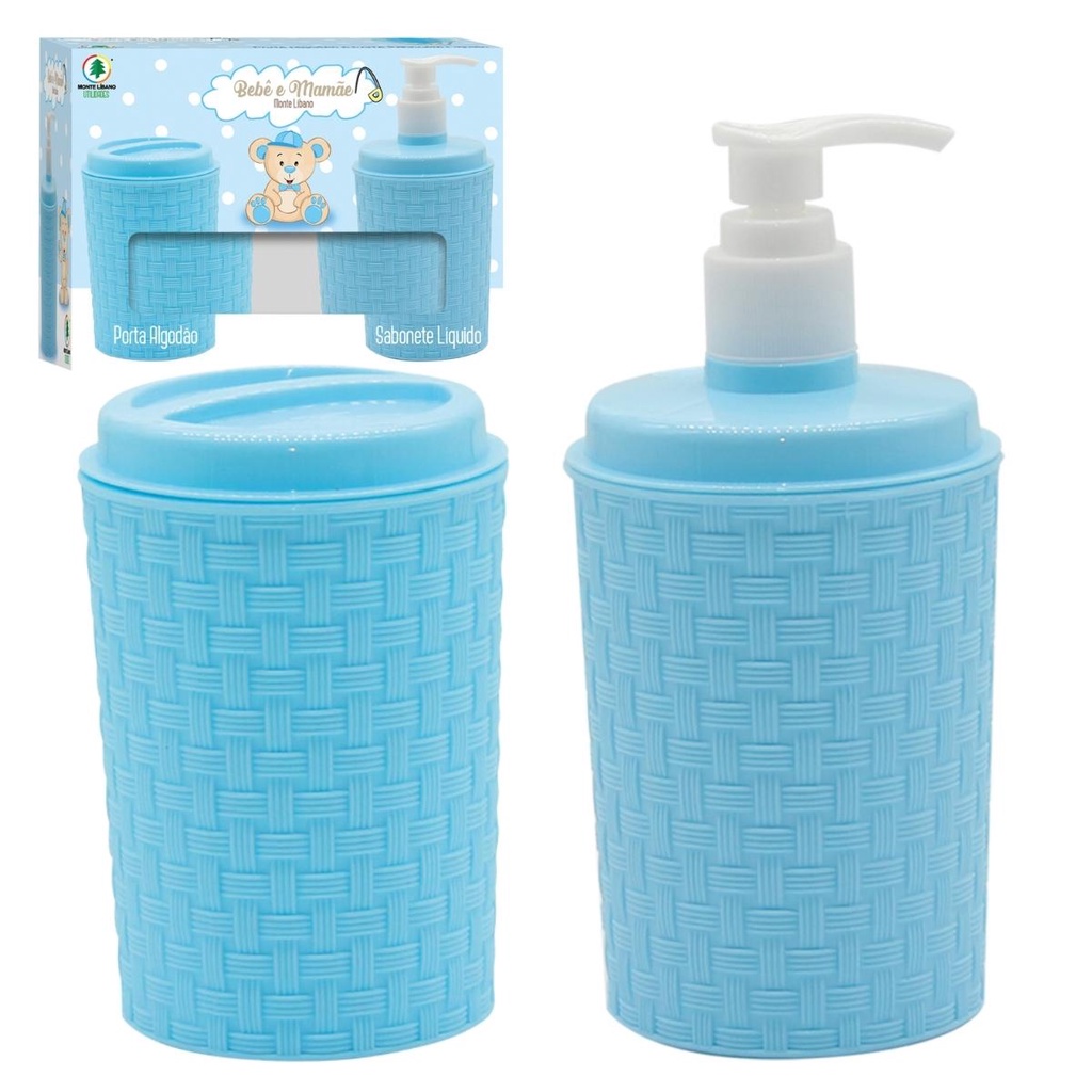 Kit Higiene Para Bebê Porta Algodão E Porta Sabonete Líquido Rattan Azul