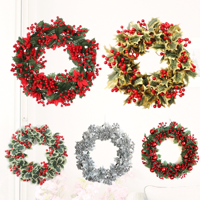 Decoração de Natal Borda Branca Folhas Verdes Simulação Fruta Vermelha Pendurada Decoração de Janela Holly Fruit Grinald