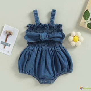 Macacão Jeans Infantil Bebê De Verão Para Meninas Com Laço Sólido E Franzido,0-24 Meses em Oferta na Shopee