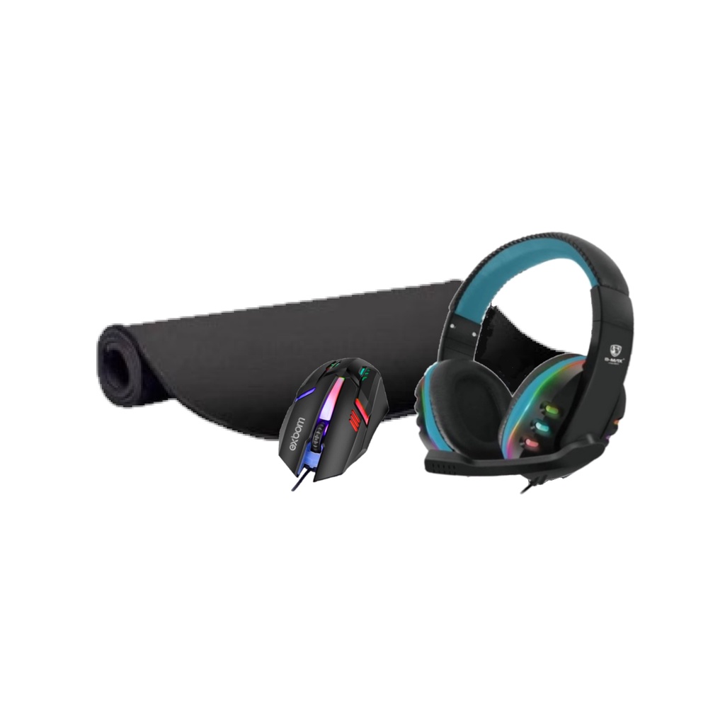 Kit Fone Headset Azul + Mouse Gamer + Mousepad Preto