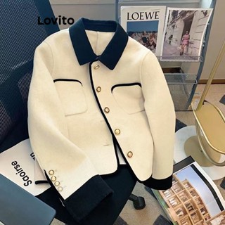 Lovito Jaqueta Feminina Casual Com Contraste Simples E Bolso Falso Com Zíper Frontal E Botão Embelezado LNE31269 (Off White)