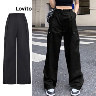 Lovito Calças Básicas com Bolsos para Mulheres L74ED087 (Preto)