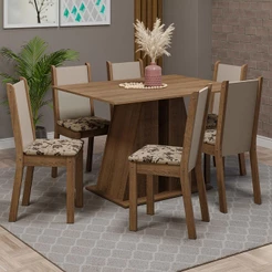 Conjunto Sala de Jantar Mesa Tampo de Madeira 6 Cadeiras Rustic/Bege Marrom Wendy Madesa