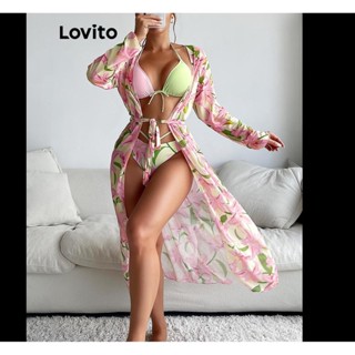 Lovito Conjunto De Biquíni Elegante Com Estampa Tropical Com Cadarço Para Mulheres LNL43038