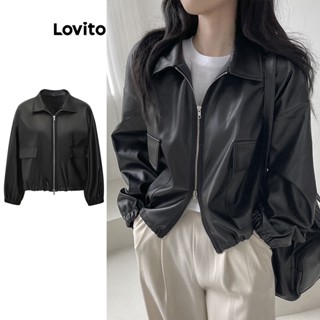 Lovito Casual Jaqueta Feminina Lisa com Cordão Bolso e Zíper L73AD102
