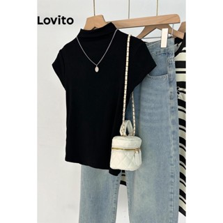 Lovito Camiseta Casual Lisa De Gola Alta Para Mulheres LNE38015 (Preto)