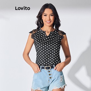Lovito Casual Blusa Feminina de Renda com Estampa de Bolinhas LBL07121