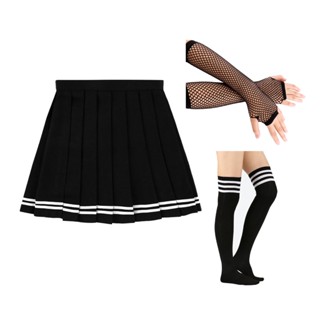 Saia Plissada Preta Colegial + Meia 7/8 + Luva Arrastão (Kit c/ 3 Itens)