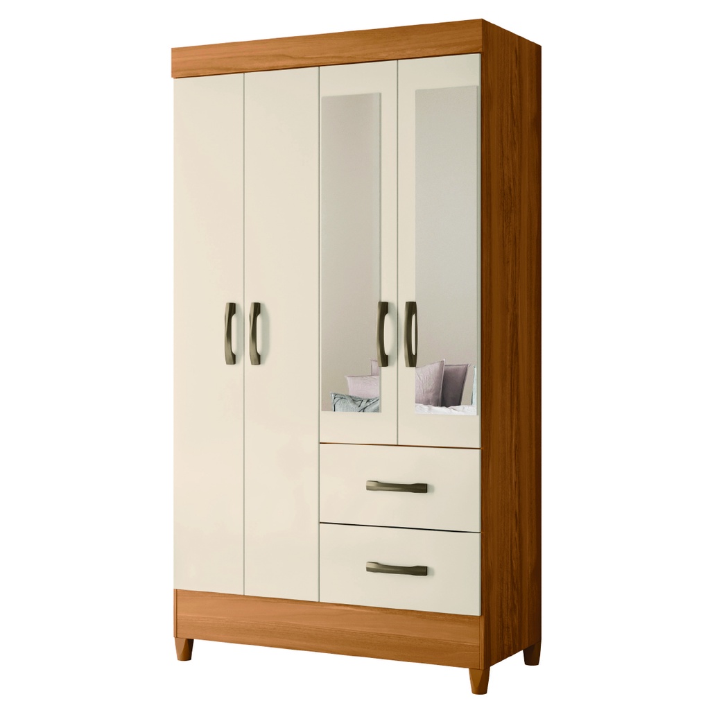 Guarda Roupas Solteiro com Espelho 4 Portas 2 Gavetas Mobi Carvalho / Off White Albatroz - Home & Living