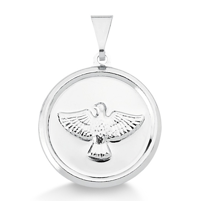 Pingente Medalha Espirito santo em Aço Inox 316 L  ,A pomba é simbolizada como o Espírito Santo na Bíblia