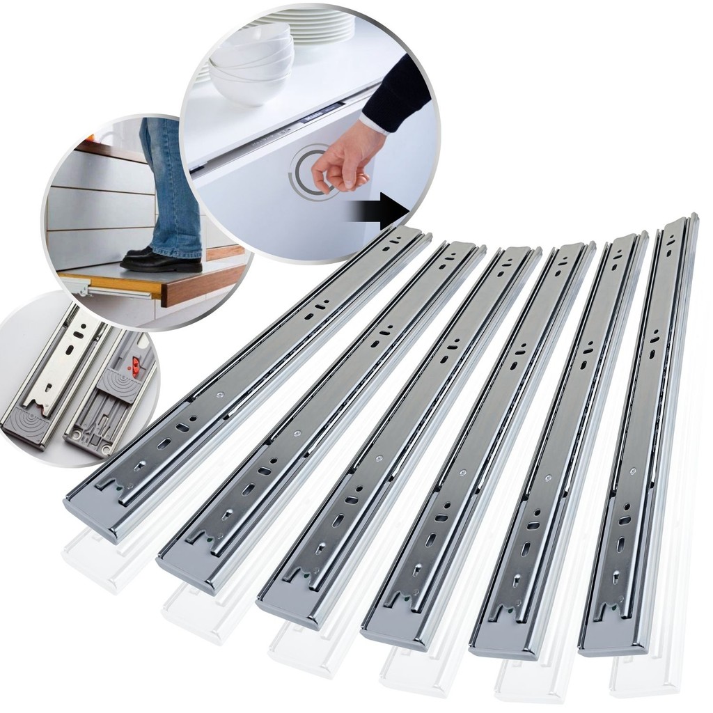 12 Corrediça Telescópica H45 30cm Fecho Toque Push Open 6Par Abertura Automática 300mm 45Kg Trilho Reforçada Larga