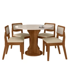 Mesa Com 4 Cadeiras Redonda C/vidro Santorini Fre/off/corino Beg - M.a