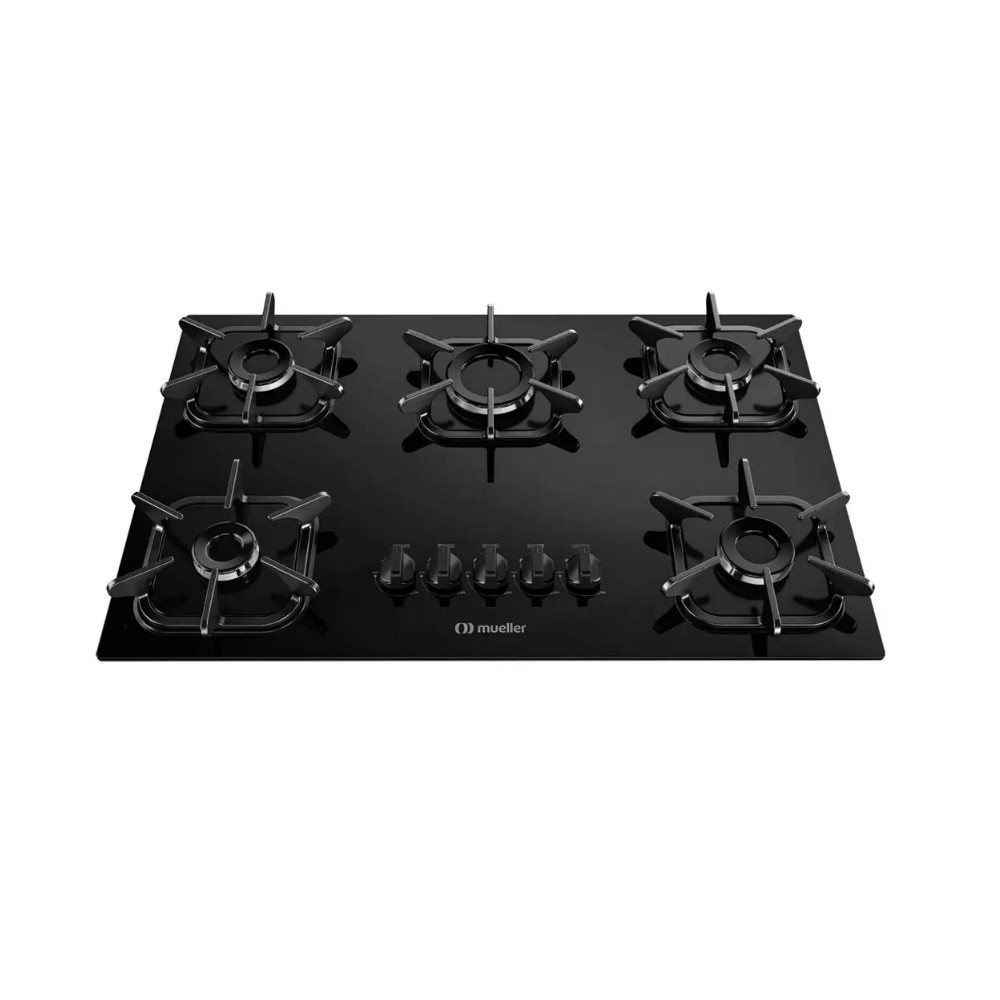 Fogão Cooktop Elétrico Mueller 5 Bocas À Gás Ultra Chama Bivolt Mesa em Vidro Preto