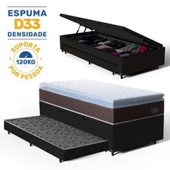 Cama Box Baú com Colchão de Espuma D33 Pillow Top Comfort Luxo + Auxiliar Unique Solteiro 88cm