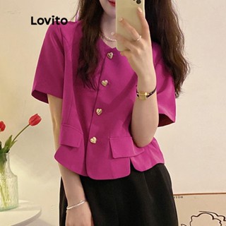 Lovito Casual Blusa Feminina Lisa com Botão e Fenda LNA14131 (Rosa Choque)
