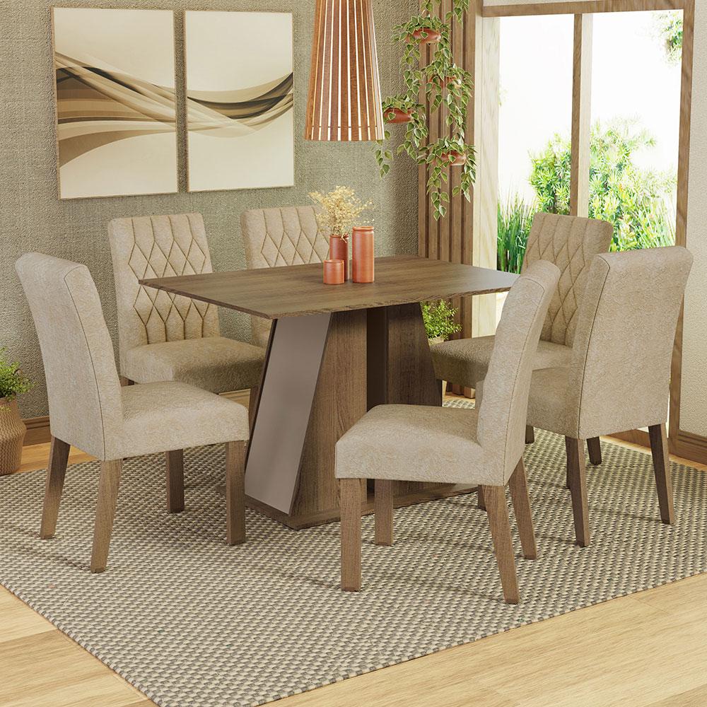 Conjunto Sala de Jantar Mesa Tampo de Madeira 6 Cadeiras Rustic/Crema/Imperial Fabiana Madesa