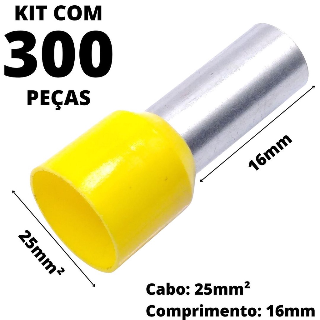300un Terminal Tubular Ilhós Pré-isolado Simples Para Cabo de 25mm² Metal 16mm Amarelo E25-16