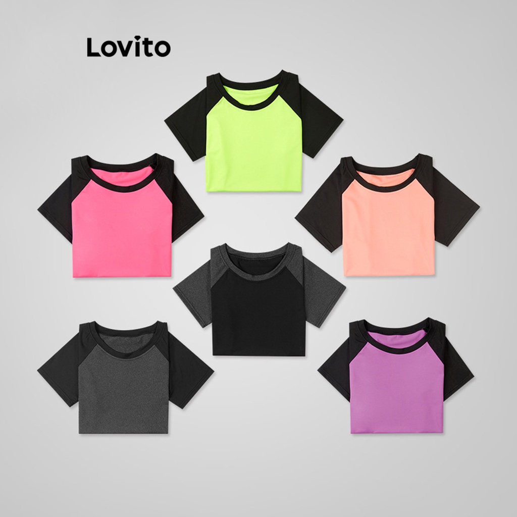 Lovito Camiseta Esportiva Básica Lisa Esportiva Para Mulheres LNA27218 (Cinzento Preto)