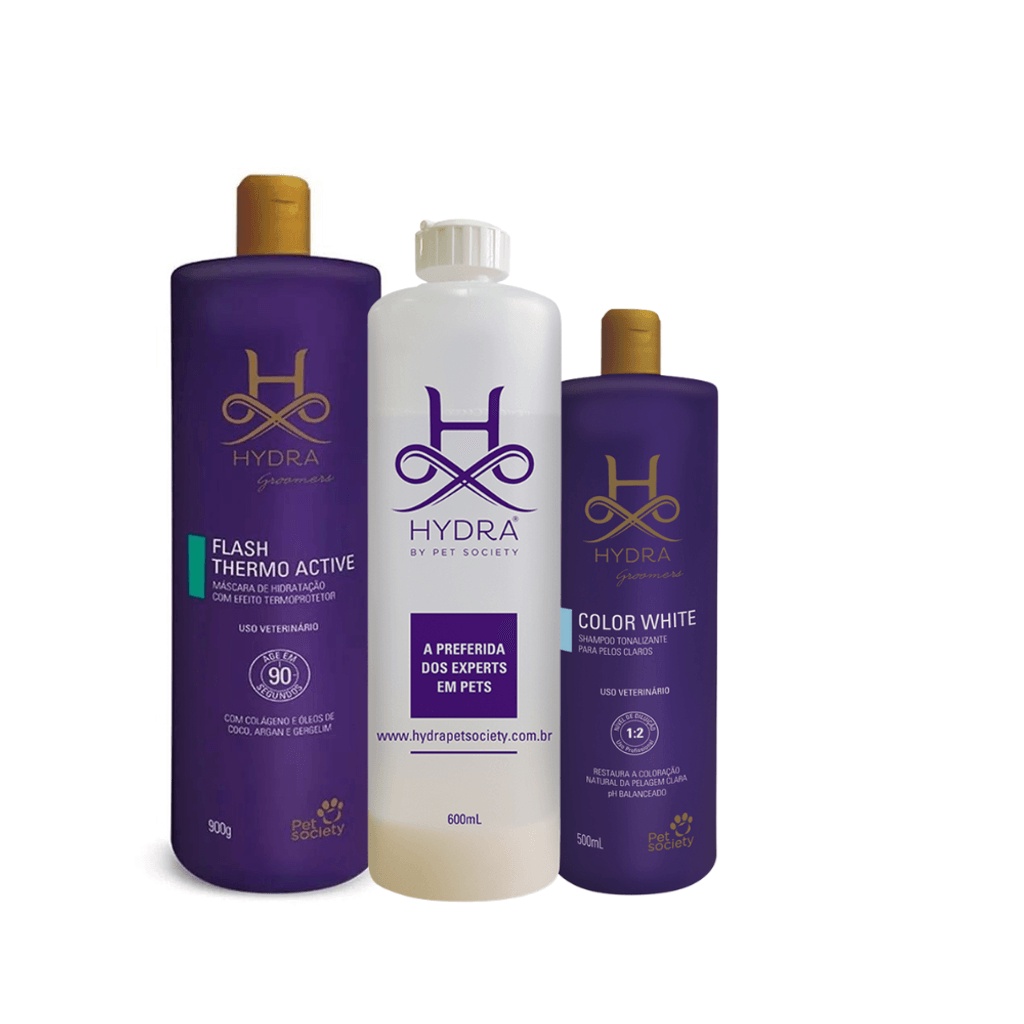 Kit Produtos Pet Hydra Groomers Flash Thermo Active 900g + Shampoo Color White 500ml + Frasco Diluidor