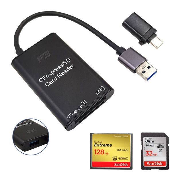 Leitor CFexpress Cartão e SD Card para USB 3.0 5gb/s Adaptador USB-C - F3