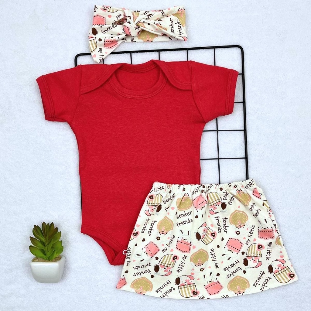 Conjunto Roupa Bebê Menina Body Básico Liso com Saia e Faixa de Cabelo Moda Blogueirinha Diva Mêsversário Verão c20386