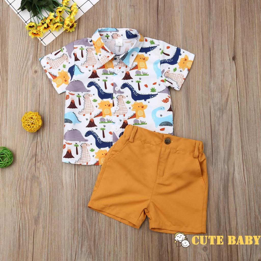 Eph-Kids Boys Summer 2Pcs Set Casual Short Sleeve Dinossauro Top + Calção De Cor Sólida