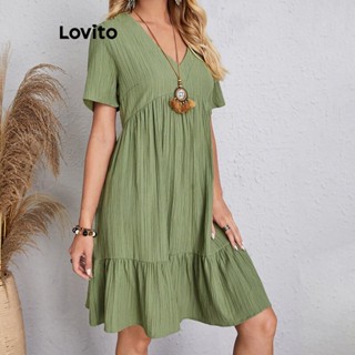 Lovito Casual Vestido Feminino Liso com Costura de Tecido LNL34057 (Off-White/Verde/Preto)