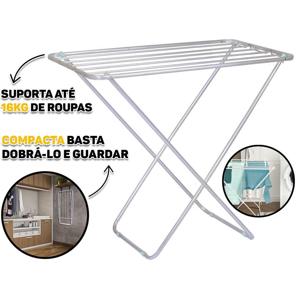 Varal De Chão P/ Roupas Sem Abas Dobrável 6 Hastes Alumínio Retrátil Slim