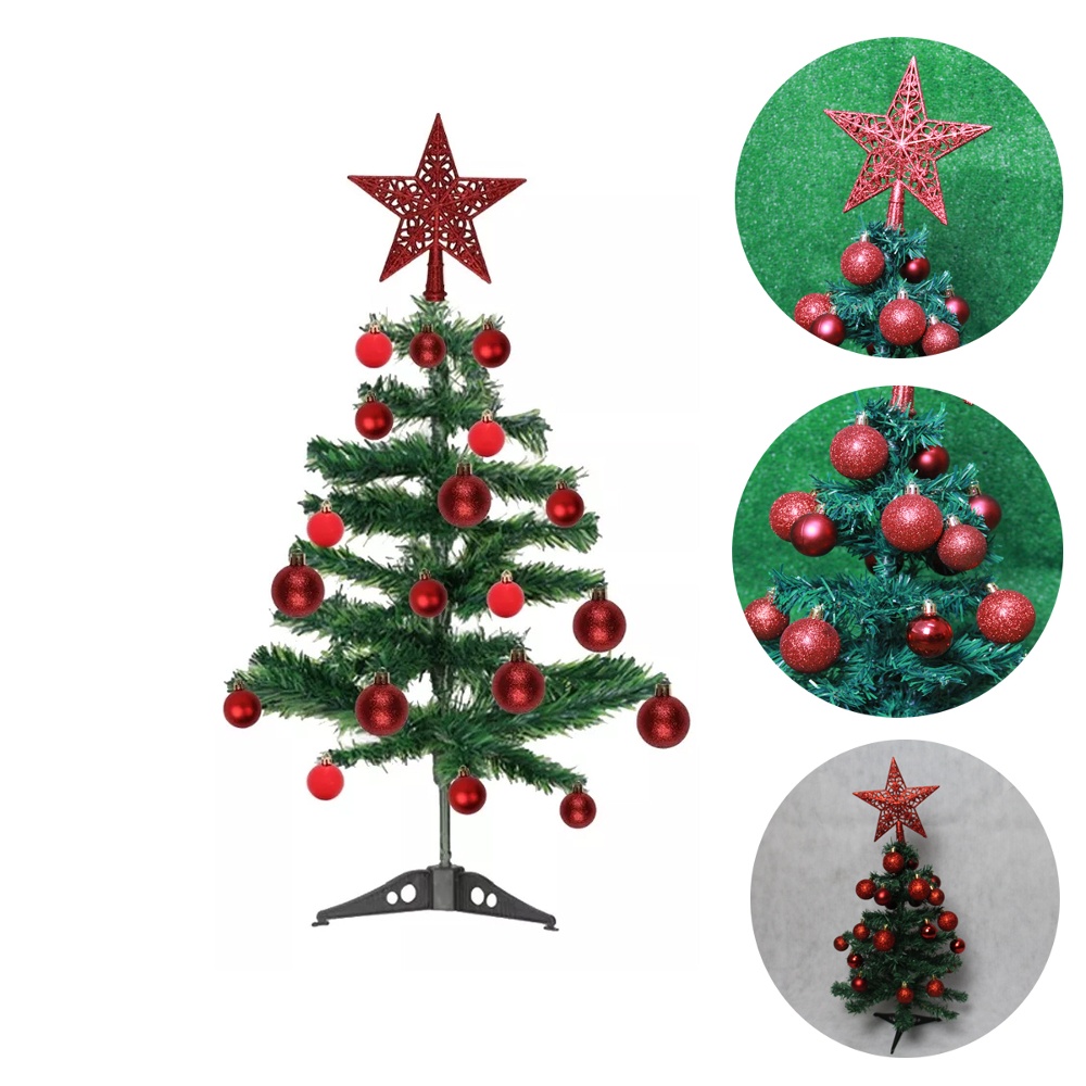 Árvore De Natal Decorada 60cm Enfeites Vermelhos Estrela Bolinhas Glitter 61 Galhos Pinheiro Natalino