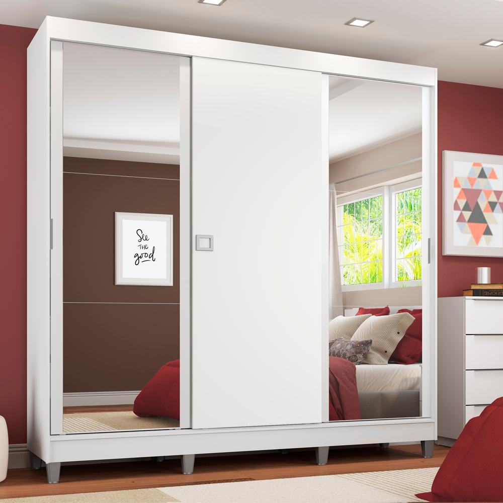 Guarda-Roupa Casal Madesa Napoli 3 Portas de Correr 2 Portas com Espelho com Pés - Branco em Oferta na Shopee