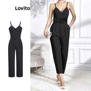 Lovito Casual Macacão Feminino Liso com Cinto L71ED201 (Preto)