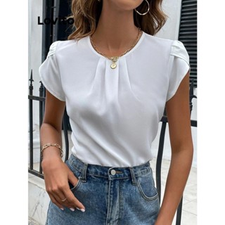 Lovito Blusa Elegante Simples Com Mangas De Pétalas Plissadas Para Mulheres LNL42145