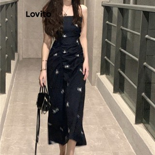 Lovito Vestido Plissado com Estampa Floral Pequena para Mulheres LNE19111 (Preto)