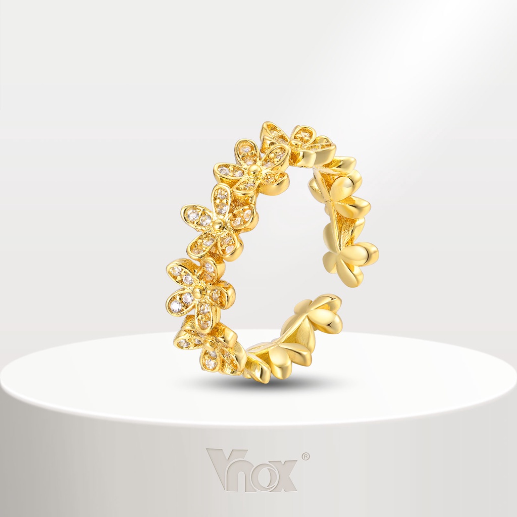 Vnox Zircon Cubic Flower Opening Ajustável Para Menina Feminina , Ouro 18K Anéis De Aço Inoxidável Acessórios Jóias em Oferta na Shopee
