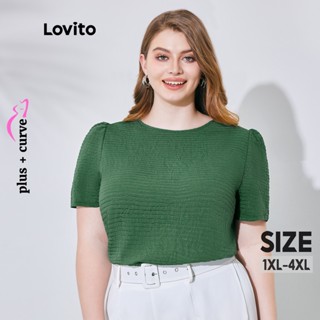 Lovito Curvas Plus Size Blusa Feminina Elegante Lisa com Botão e Gola Redonda LPS08007 (Verde Escuro)